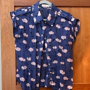 Tory Burch Navy Floral Button-Front Blouse with Blush Poppies